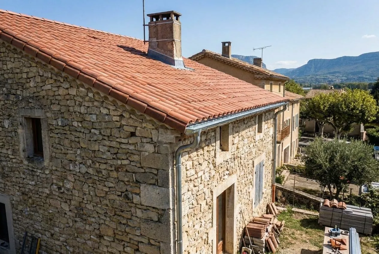 Après : toiture en tuiles canal propre et gouttière en zinc neuve sur une maison en pierre de la Drôme