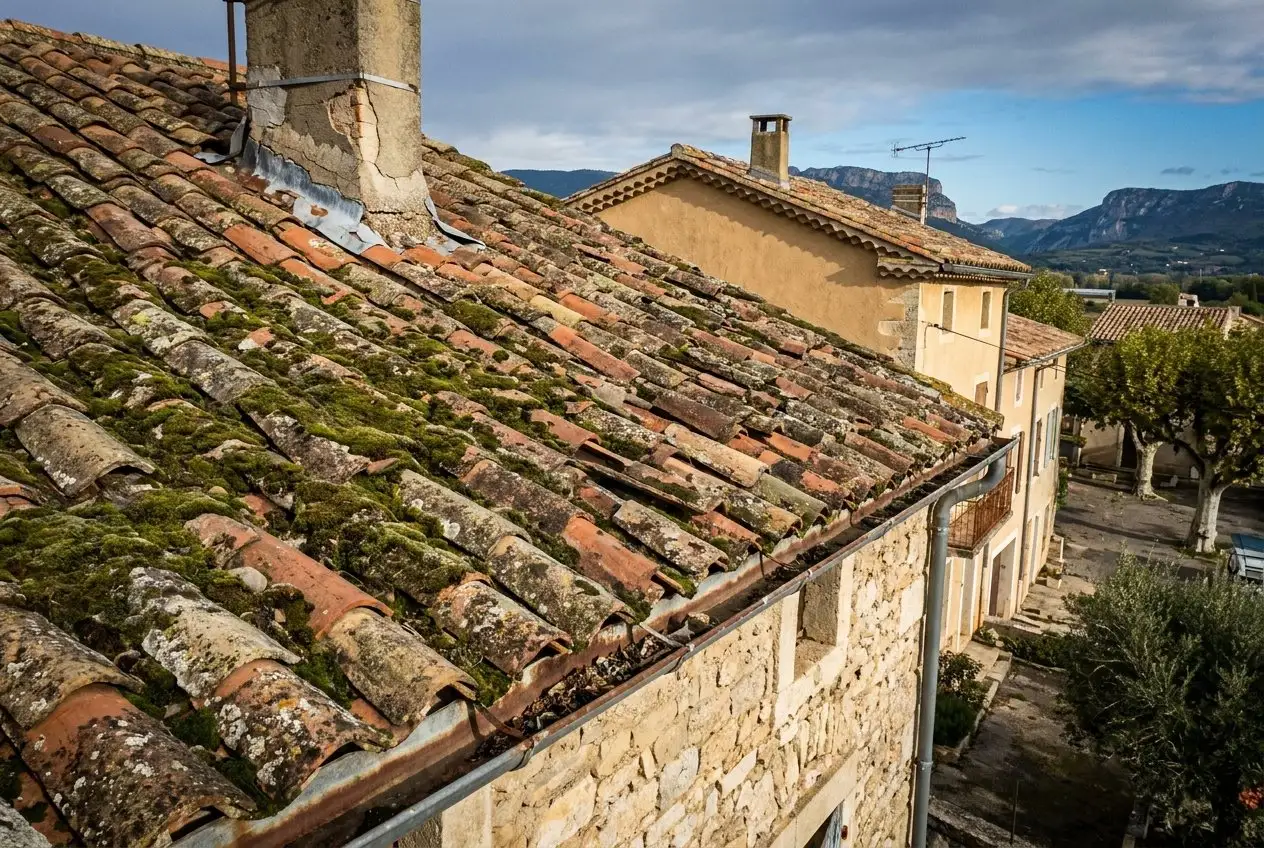 Avant : toiture en tuiles canal couverte de mousse sur une maison en pierre près de Loriol-sur-Drôme