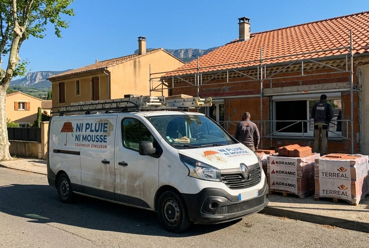 Camionnette Ni Pluie Ni Mousse et palettes de tuiles devant un chantier de rénovation de toiture à Loriol-sur-Drôme