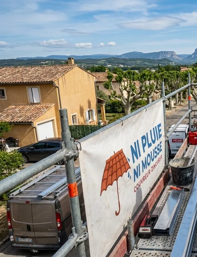 Échafaudage et bâche Ni Pluie Ni Mousse pour la pose d'une gouttière en zinc à Loriol-sur-Drôme